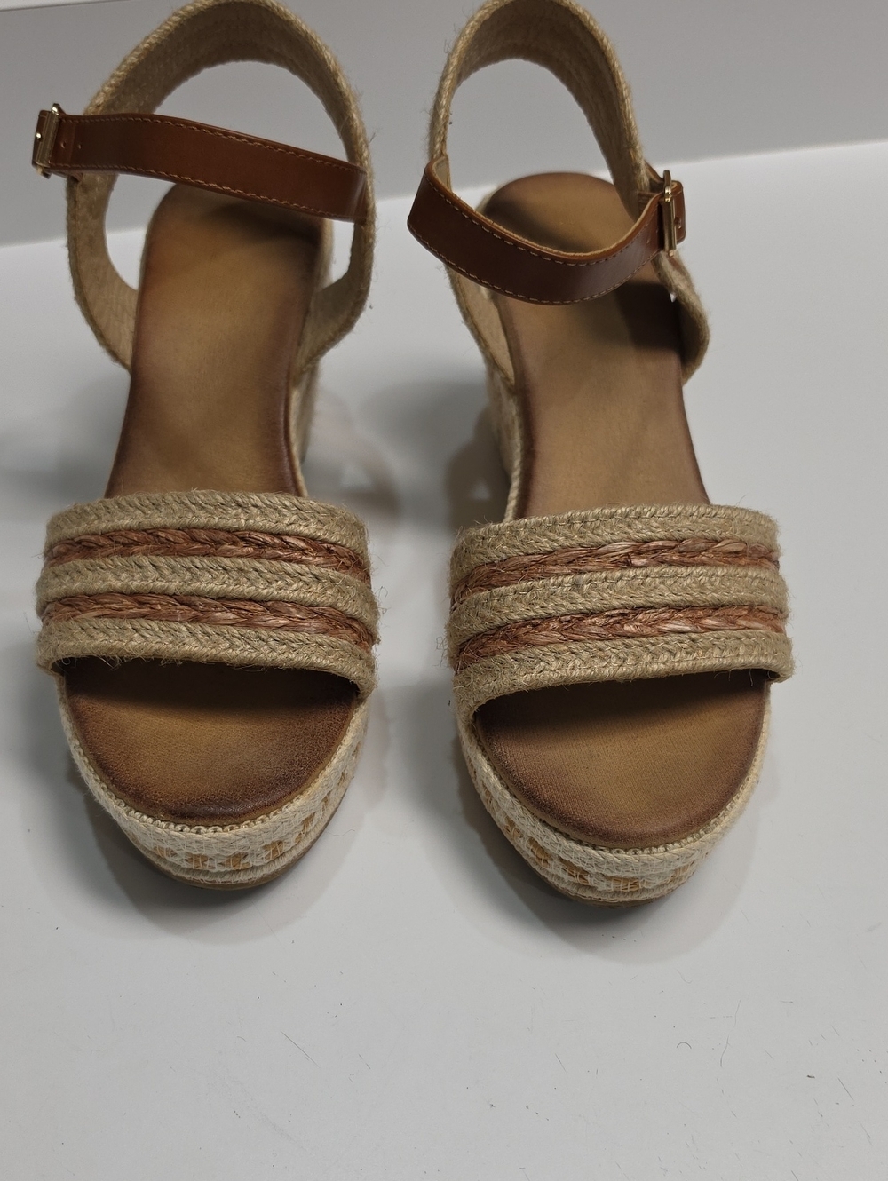 SHIBEVER Boho Braided Espadrille Wedge Platform Sandals - Tan/Apricot - Size 10